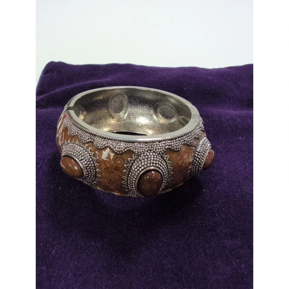 VTG brown enameled & textured silver-tone hinged clamp bracelet Statement Piece